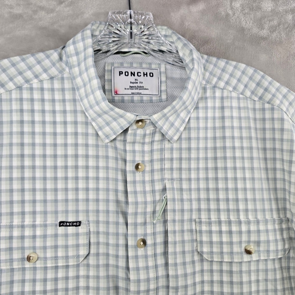 Poncho Fishing Shirt Mens XL Blue White Magnetic Pockets Short Sleeve Outdoor